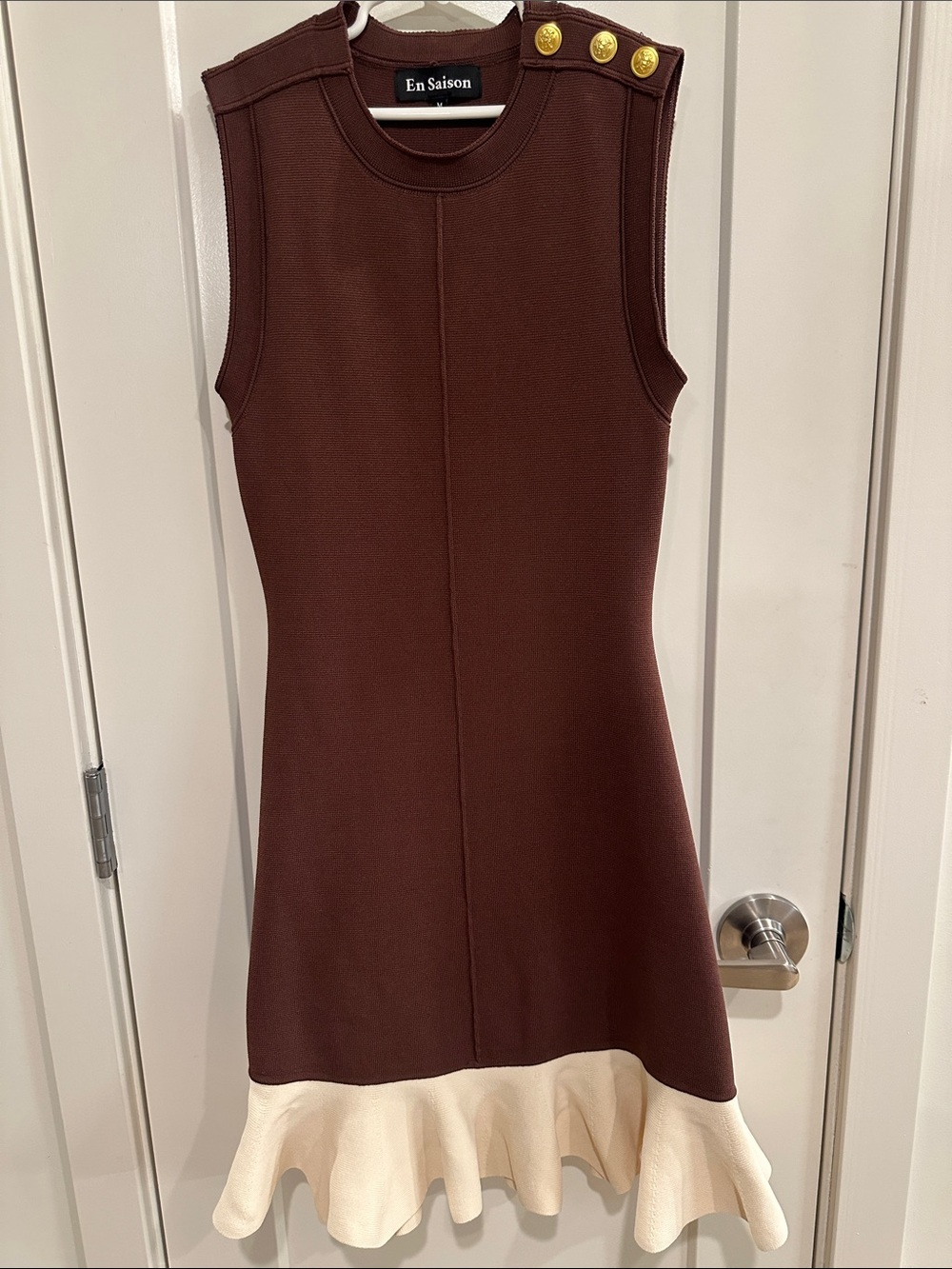 En Saison Brown Dress with Cream Ruffle Hem and Gold Buttons